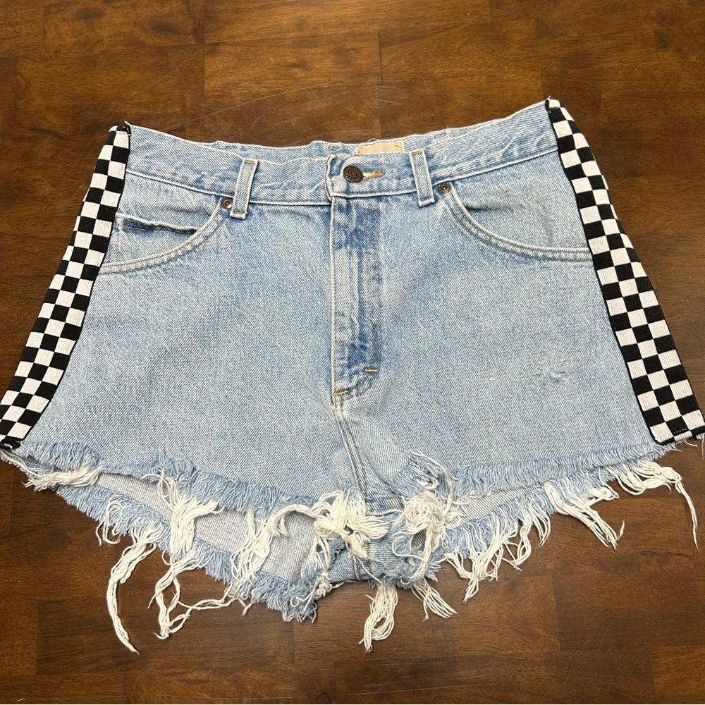 Denim Frayed Hem Jean Shorts with Checkered Sides